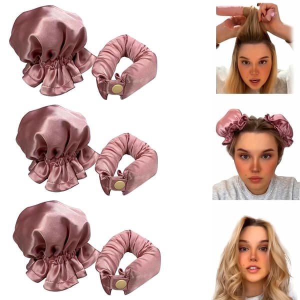 Satin Overnight Curling Set med Hårmössor och Rullar för Långa, Värmefria Lockar - 3 Set