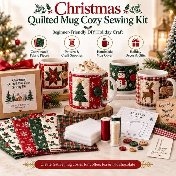 Quiltat muggfodral för julen, sömnadskit, DIY julpysselkit, alla 8 delar