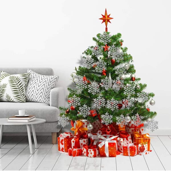 Julepynt i plast med glitter, snøfnugg, 10 cm, sett med 36 stk Silver