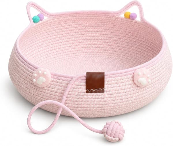 Kattekurvsseng med pude og hængende boldlegetøj, håndvævet bomuldsreb kattekurvsseng, boho redekæledyrsseng til killinger hvalpe under 2,5 kg S