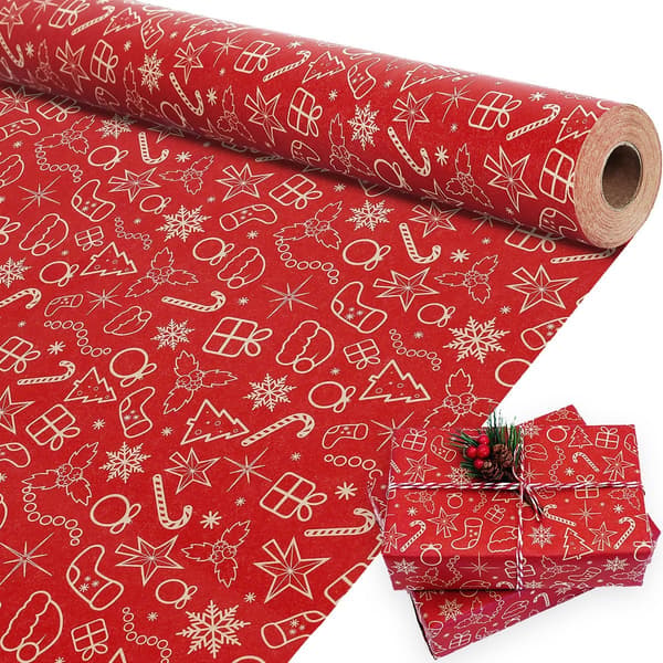 10 ark julklappspapper rulle, rött kraftpapper julklappspapper, presentpapper, snöflingemönstrat presentpapper