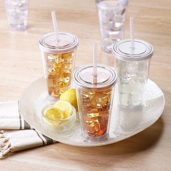 Dubbelväggig plastmugg med lock och sugrör, isolerad kaffemugg, 450 ml, transparent 450ml