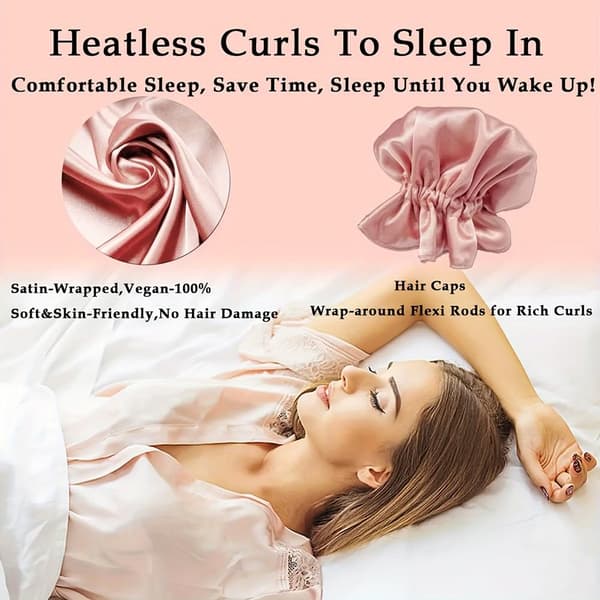 Satin Overnight Curling Set med Hårmössor och Rullar för Långa, Värmefria Lockar - 3 Set