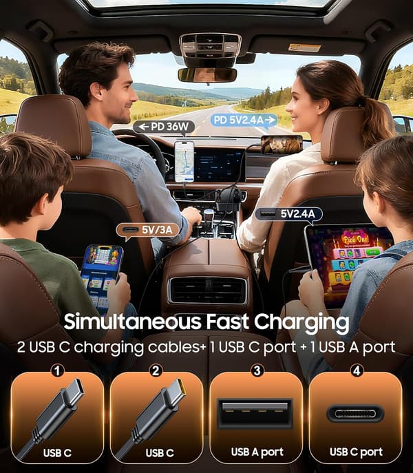 Uttrekkbar billader, 75W hurtiglader USB C biltilbehør