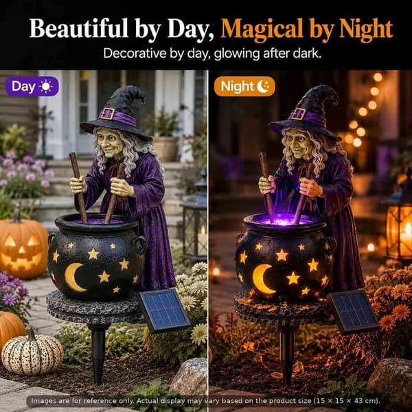 Solarhäxa och glödande kittel Halloween trädgårdslampa, 2 st