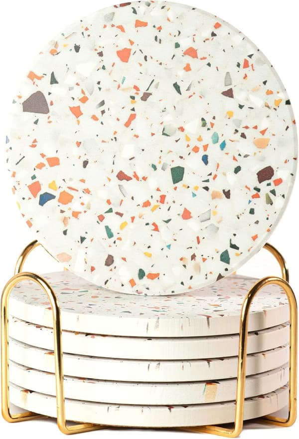 Terrazzo absorberende coasters, sæt med 6 stativer, keramiske coasters, kaffebordsdekorationer, absorberende sten coasters.