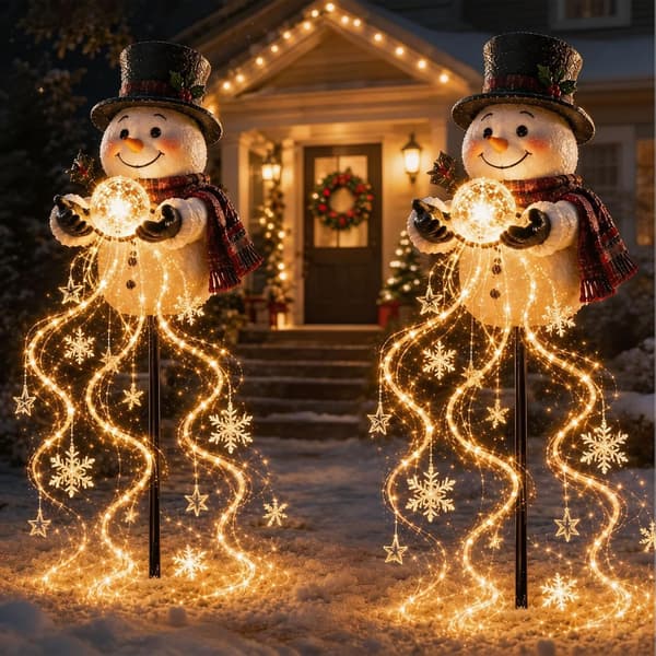 Snögubbe Magisk Fontän - Flödande Snöflinga LED Jul Trädgårdslampa, 2-pack