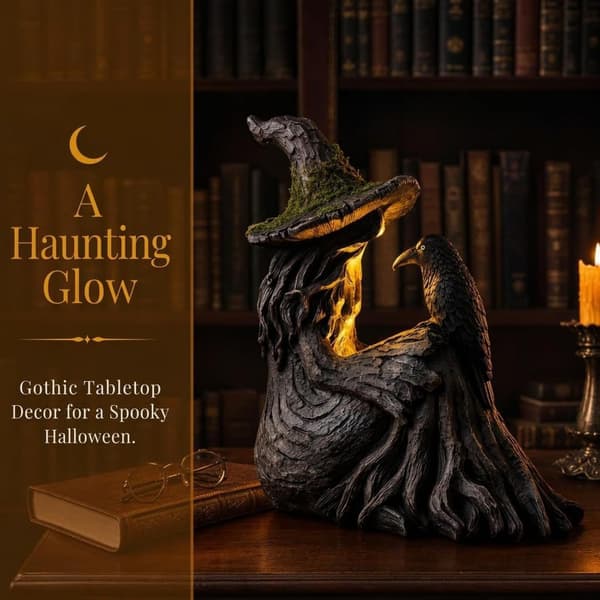 7.09\" Halloween Mosset Træheks Med Krage Lysende Figur (med Lys)