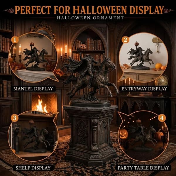 Belyst huvudlös ryttarstaty, LED-pumpahäst Halloween-dekor