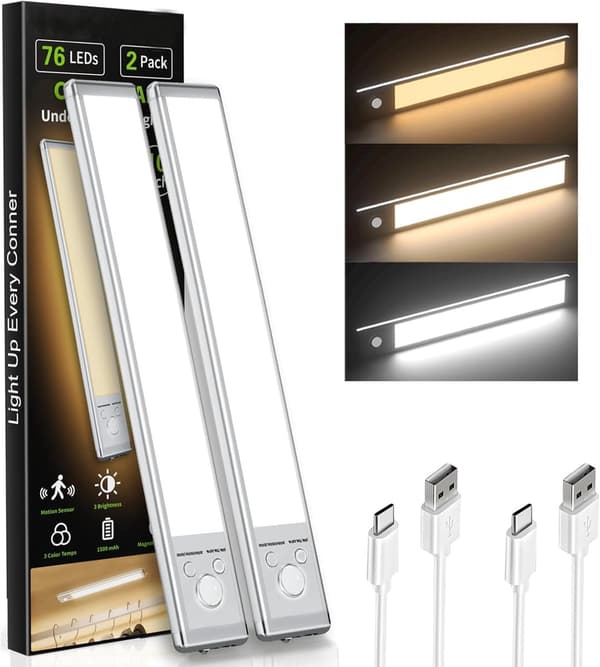 Bevegelsessensorlys under skap, 76 LED USB oppladbart, dimbar magnetisk stripe for kjøkkentrapper – Hvit 30x4x1.5cm