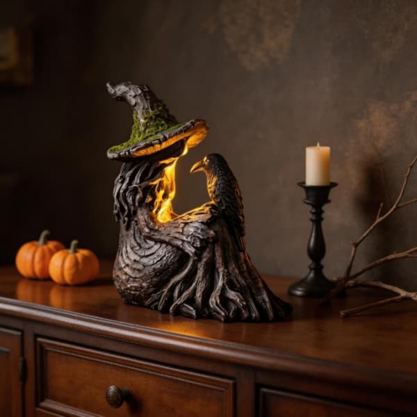 7.09\" Halloween Mosset Træheks Med Krage Lysende Figur (med Lys)