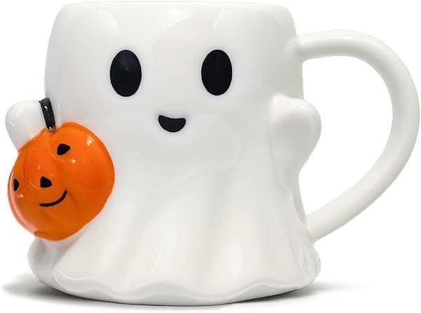 Kaffekop, sød keramikkop med græskarhåndtag i smiledesign, hvid tekop til efterår, kontor