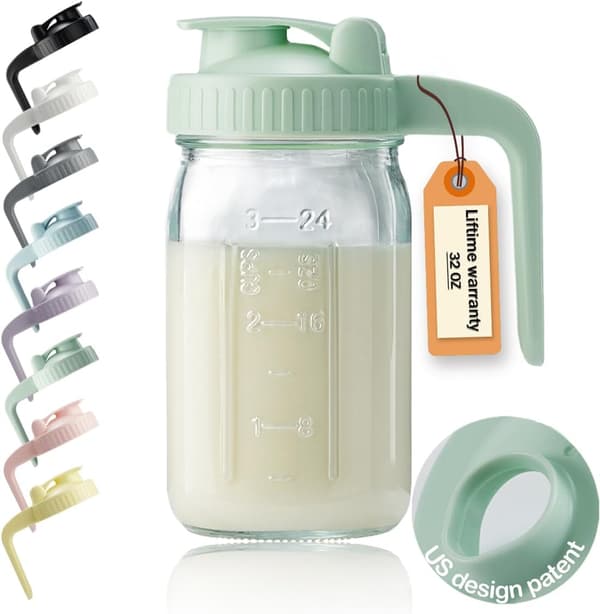 32-ounce glaskande med låg og V-formet tud – 1-liters brystmælksbeholder, dobbelt lækagesikker, flødedispenser.