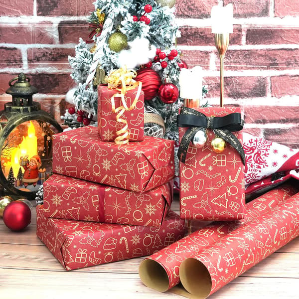 10 ark julklappspapper rulle, rött kraftpapper julklappspapper, presentpapper, snöflingemönstrat presentpapper