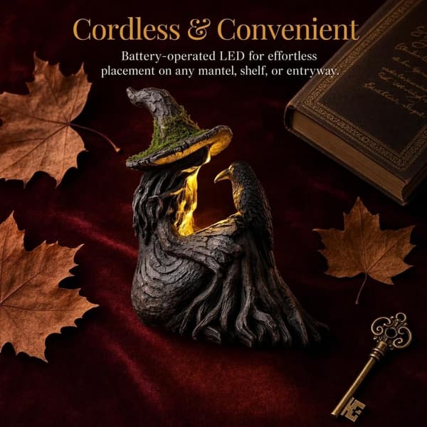 7.09\" Halloween Mosset Træheks Med Krage Lysende Figur (med Lys)
