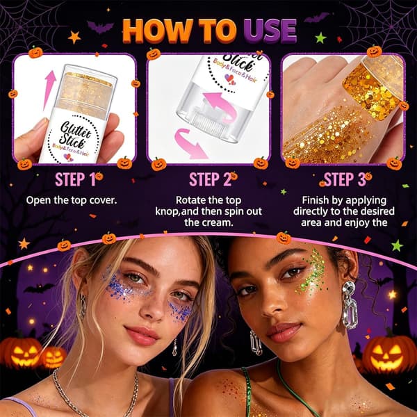 Halloween Krops-, Ansigts- og Hårglimmerstift - Lilla & Sort Chunky