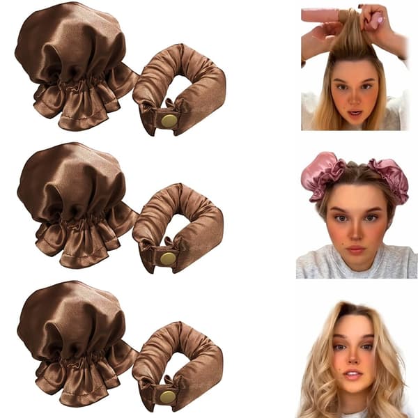 Satin Overnight Curling Set med Hårmössor och Rullar för Långa, Värmefria Lockar - 3 Set