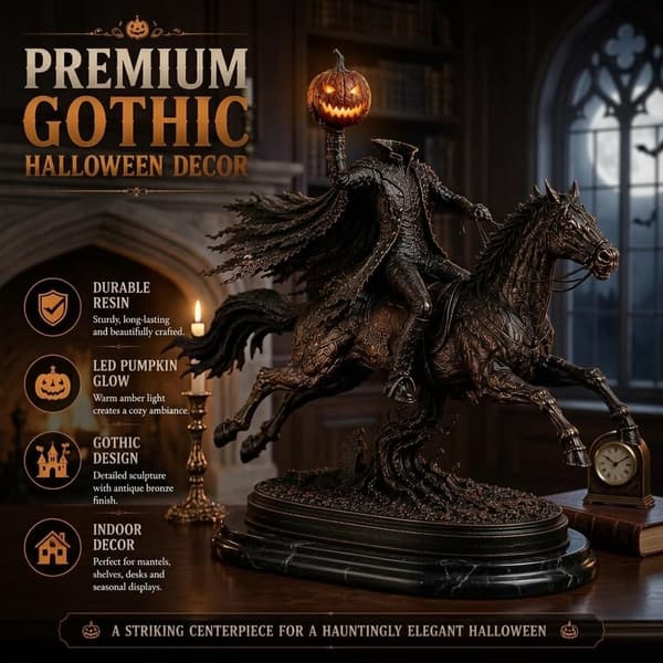 Belyst huvudlös ryttarstaty, LED-pumpahäst Halloween-dekor