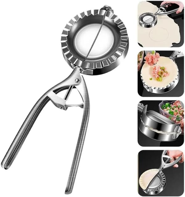 Dumplingfremstillingsværktøjer i rustfrit stål, håndlavede køkken- og bagegadgets, professionel dumplingform i sølv med rillede kanter.