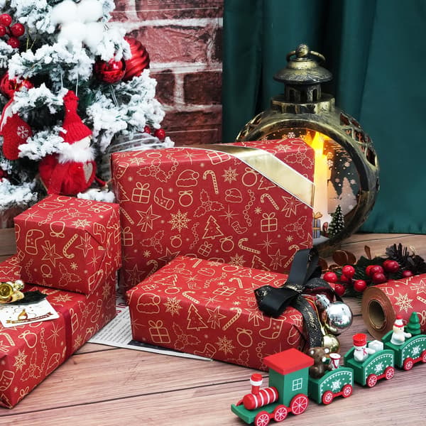 10 ark julklappspapper rulle, rött kraftpapper julklappspapper, presentpapper, snöflingemönstrat presentpapper