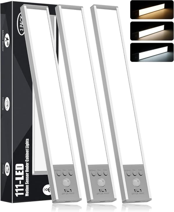 Trådlös belysningslist för underskåp med rörelsesensor, dimbar LED-garderobsbelysning, uppladdningsbart batteri, magnetisk monteringsbas, 3-pack.