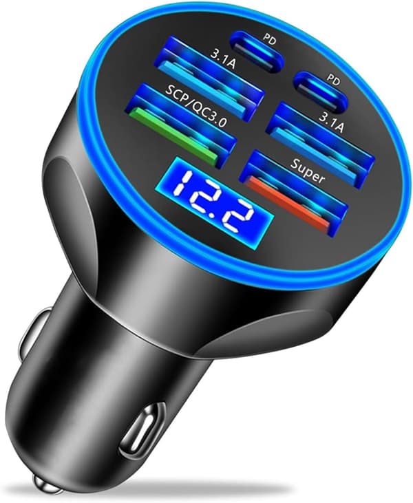 Superhurtig USB C Biloplader Adapter 6 i 1 med Spændingsdisplay 250W Multiport Cigarettænder USB Oplader til iPhone 16~11