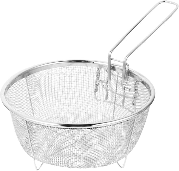 Friturekurv i rustfrit stål, rund trådfriturekurv med foldbart håndtag, til køkkenfriture.