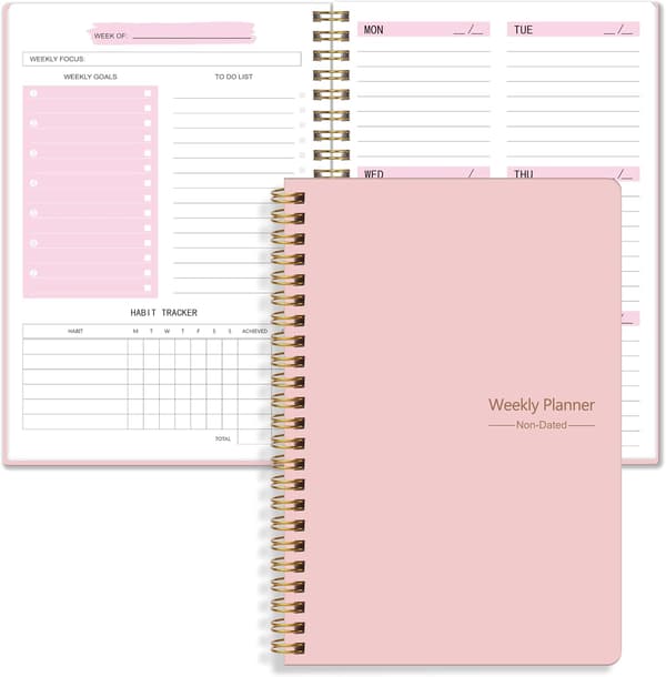 Udatert ukeplanlegger, ukentlig mål notatbok, A5 gjøremålslisteplanlegger, vane tracker journal med spiralbinding Pink