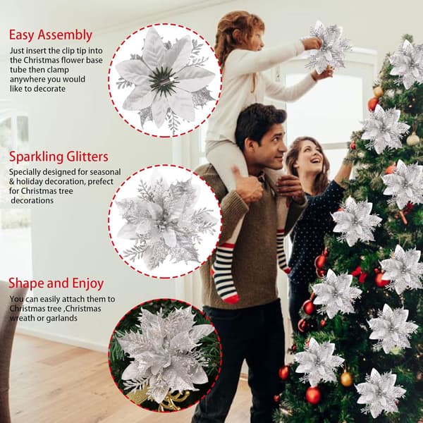 10 dekorative kunstige blomsterhoder, kunstige blomster julepynt med klips, juletrepynt, kirkekranspynt Silver