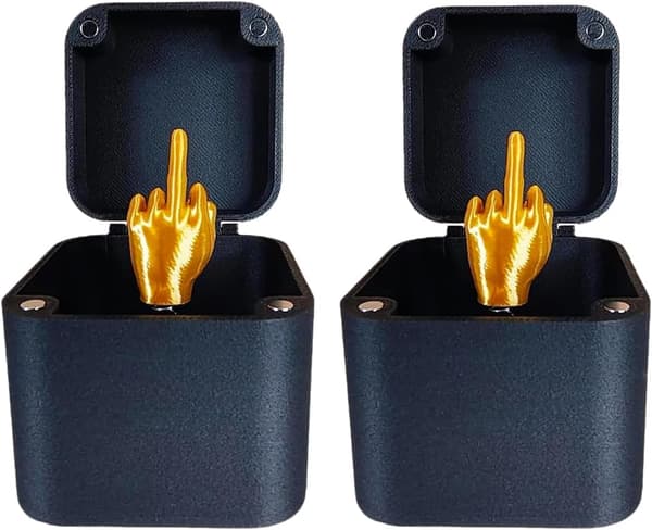 Mittenfingret i en låda, en practical joke-presentförpackning med en utskjutande hand, rolig presentförpackning, (2 stycken)
