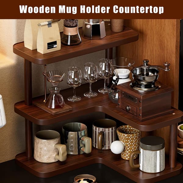 3-lags træ krusholder bordplade, kaffestation organizer, bordhylde til te kaffebar tilbehør, matcha stand, kaffekop display