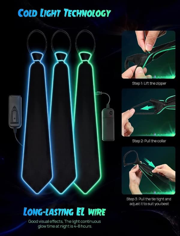 Party Lysende LED Slips til Mænd, Selvlysende LED Slips, Lysende LED Neon Slips, Kostume Tilbehør til Rave Party, Natshow
