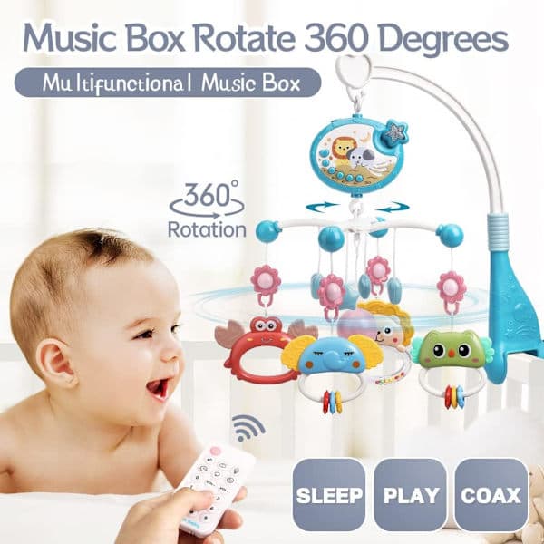Mini Tudou Crib Music Mobile with Star Projection & Timer Function, Remote Control Musical Toy for Newborns 0-24 Months