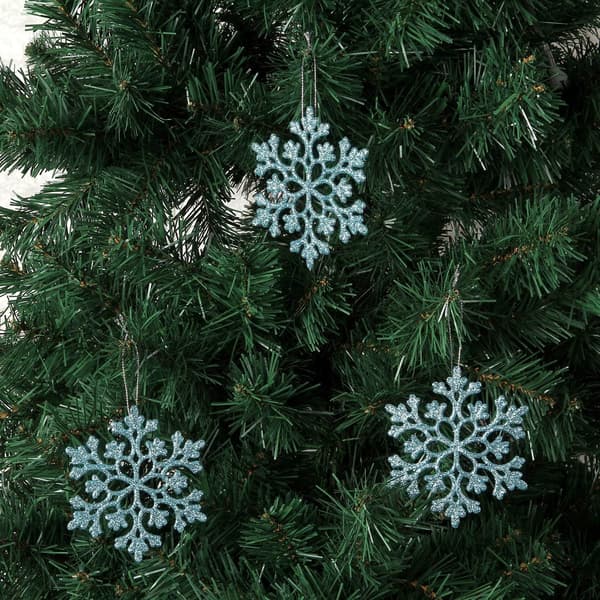 Julgranspynt i plast med glitter, snöflingor, 10 cm, 36-pack Light blue