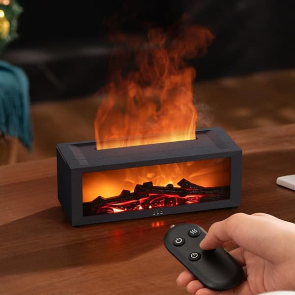 Eterisk oljediffuser och luftfuktare med eldstadsflamdesign - Uppgraderad version, har 7 flamfärger och tyst drift. white
