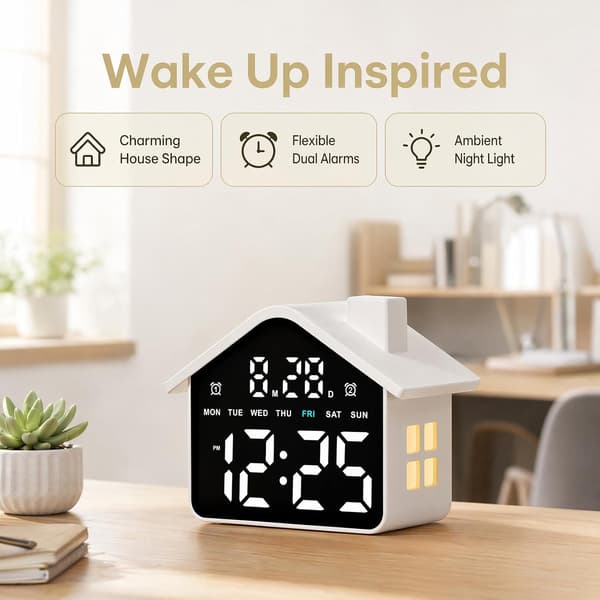 Husformet LED digital vekkerklokke med nattlys