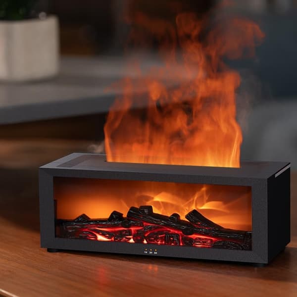 Eterisk oljediffuser och luftfuktare med eldstadsflamdesign - Uppgraderad version, har 7 flamfärger och tyst drift. black
