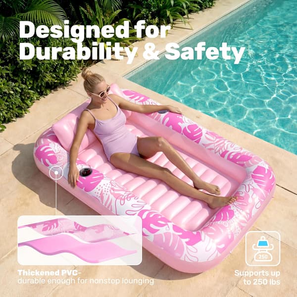 Oppustelig Tanning Pool Lounger Float, 70.8\" x 46.4\" Ekstra Stor Pool Float til Voksne med Pude, 4 i 1 Solbadningsbadekar Flåde, Solbadningsseng Lounge Pink