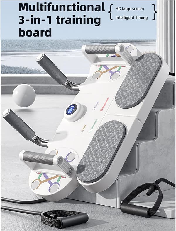 3-i-1 Push Up Board - Bærbart Hjemmetræningssystem med Ab Roller, Modstandsbånd & Digital Timer til Styrketræning
