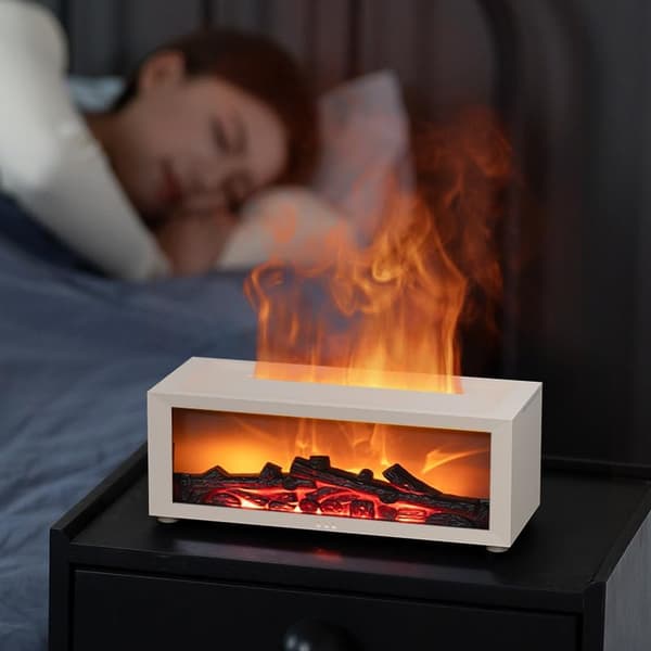 Eterisk oljediffuser och luftfuktare med eldstadsflamdesign - Uppgraderad version, har 7 flamfärger och tyst drift. black