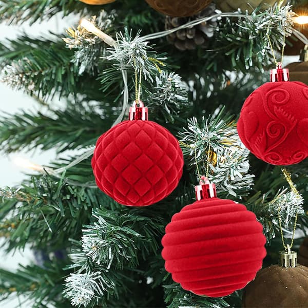 Fløyelskuler Julepynt, Flokkede Trekuler - 12 Stykker Eske, 6cm Plast Rød