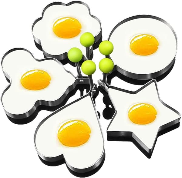 Äggringar, set om 5 delar, för matlagning, stekpanna äggringar, äggringar i rostfritt stål, rund pannkaksform set.