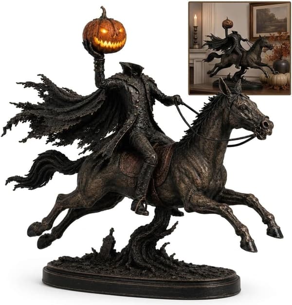 Belyst huvudlös ryttarstaty, LED-pumpahäst Halloween-dekor