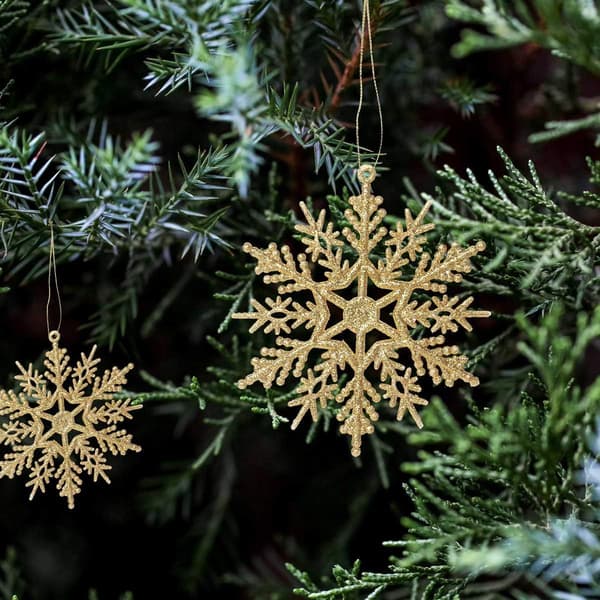 Julgranspynt i plast med glitter, snöflingor, 10 cm, 36-pack Gold