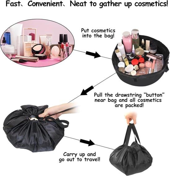 Kvinders makeuptaske med snøre – Rejse-makeup-organizer med børsterum – Sort