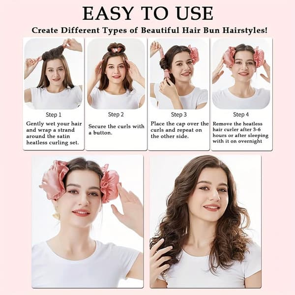 Satin Overnight Curling Set med Hårmössor och Rullar för Långa, Värmefria Lockar - 3 Set
