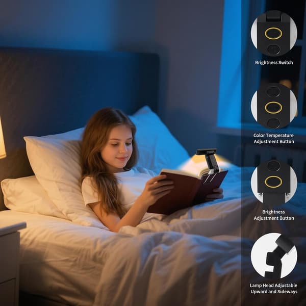 USB oppladbar clip-on leselys, LED leselys, 30 justerbare moduser, med timer øyebeskyttelsesfunksjon.