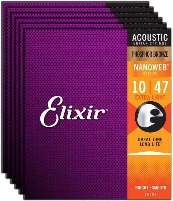 Fosforbrons Nanoweb 16002 Extra Lätta 10-47 Akustiska Gitarrsträngar, 6-pack, inkluderar poleringsduk.