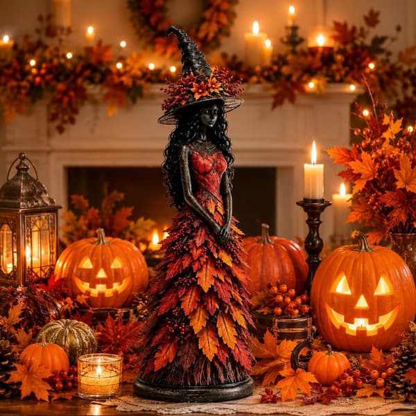 Fortryllet høstheksfigur, Halloween heksestatue, høstheksdekor