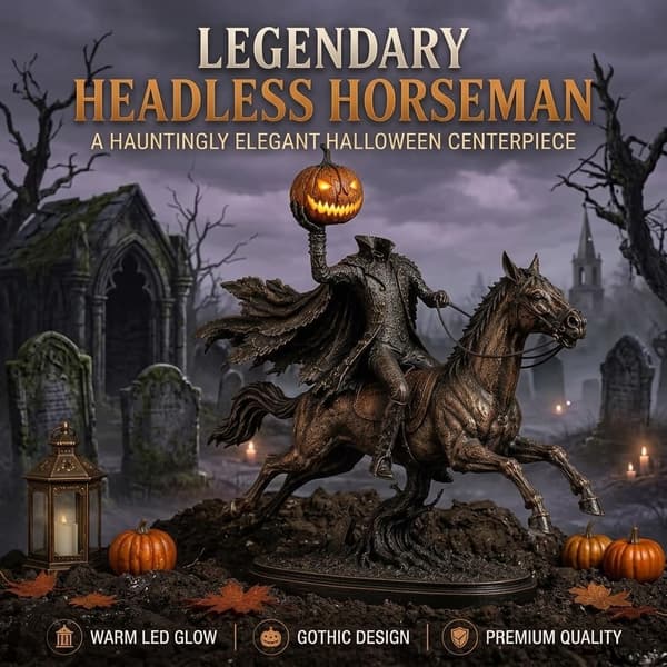Belyst huvudlös ryttarstaty, LED-pumpahäst Halloween-dekor